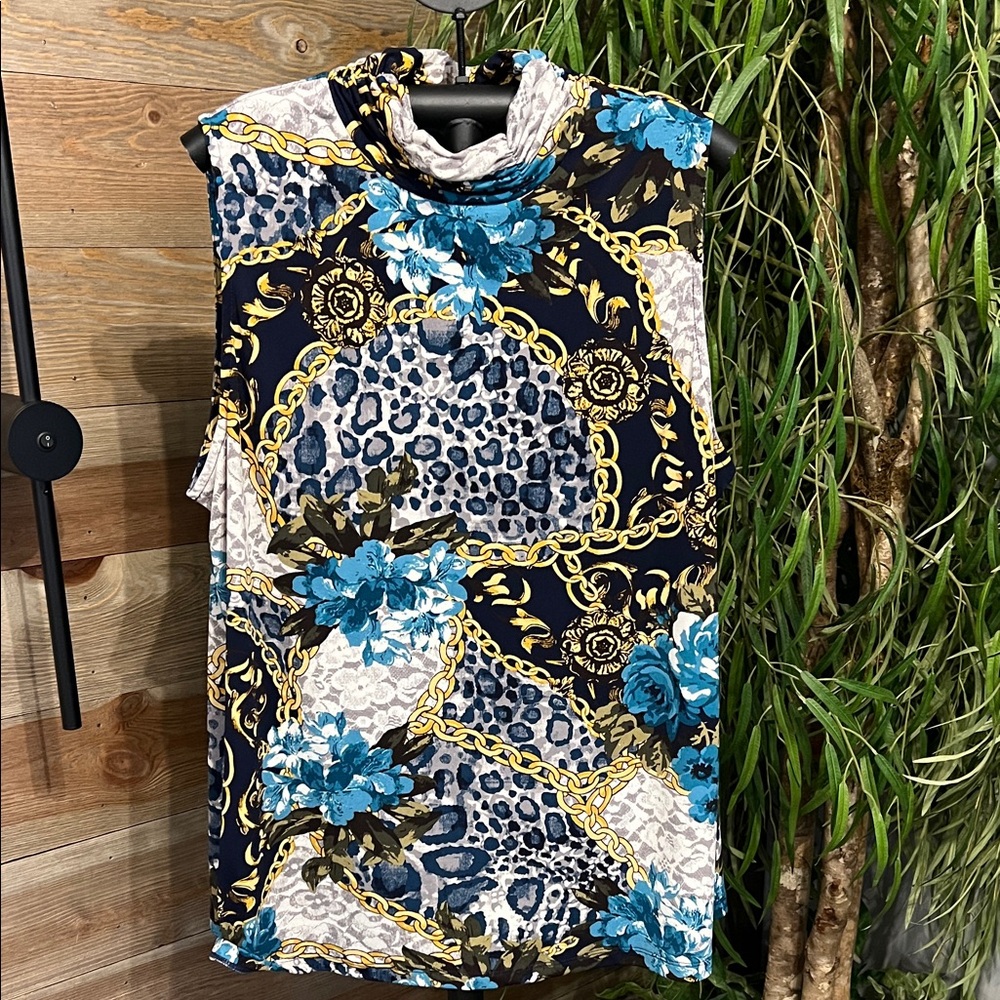 Susan Graver sleeveless mock neck knit top with chain print in deep blues   XL